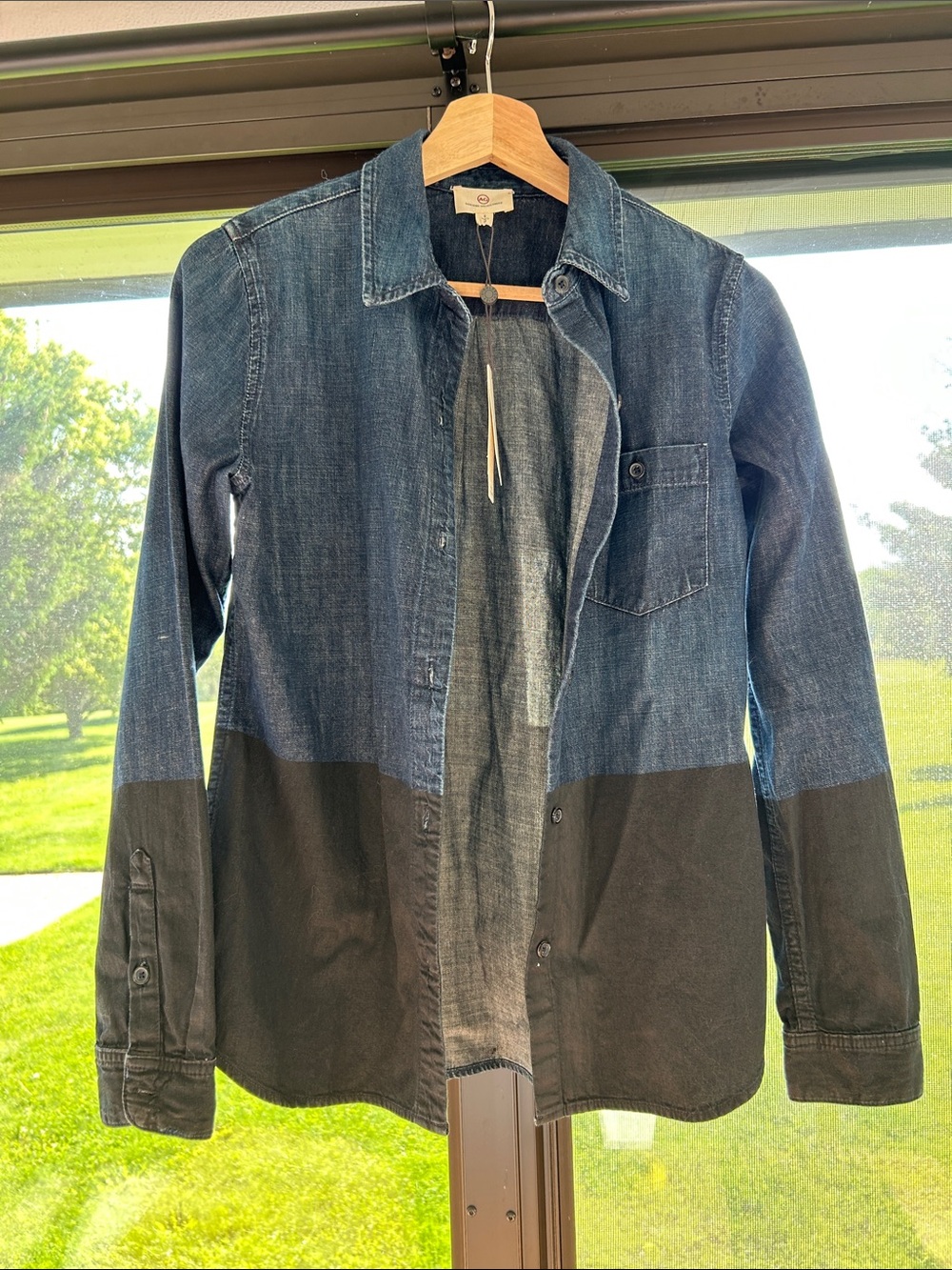 Ag Adriano Goldschmmied Dark Blue with Black Color Block Denim Shirt NWT